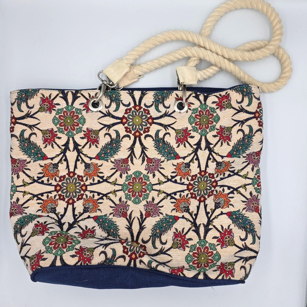 Woven Tapestry Tote Bag Boho Floral Paisley Shoulder Purse Rope Handles Navy